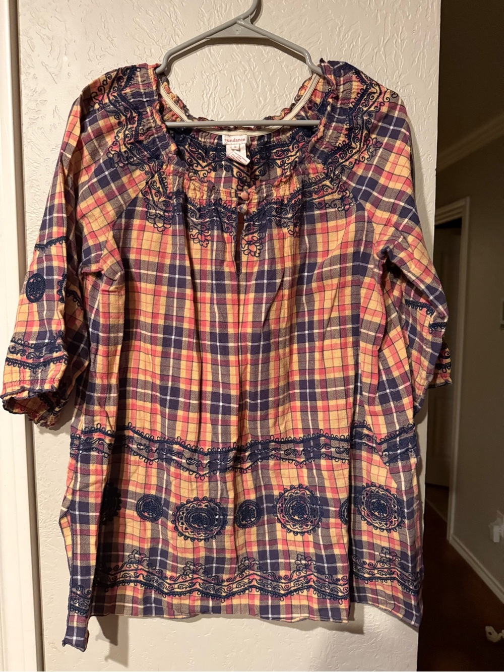 Sundance size small Boho Plaid Embroidered tunic Top cotton - Navy & Mustard